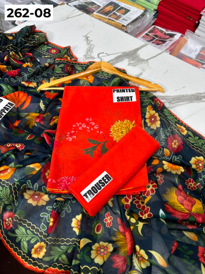 VOL 262 | DS 08 | MINHA By SHANAYA | DIGITAL PRINTED 3PC LAWN SHIRT, DYED TROUSER, PRINTED VOIL DUPATTA