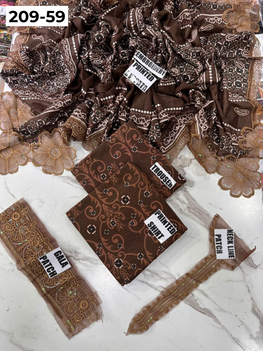 VOL 209 | DS 59 | LAWN 3PC PRINTED LAWN SHIRT ALONG WITH EMBROIDERED PATCHES PRINTED TROUSER EMBROIDERED DUPATTA
