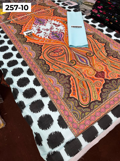 VOL 257 | DS 10 | PRINTED HIT CODES LAWN 2PC | DIGITAL PRINTED LAWN SHIRT, PLAIN COTTON TROUSER