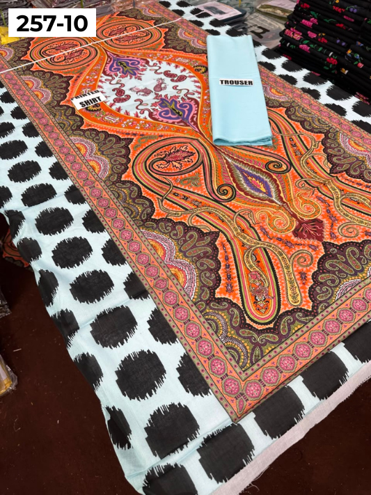 VOL 257 | DS 10 | PRINTED HIT CODES LAWN 2PC | DIGITAL PRINTED LAWN SHIRT, PLAIN COTTON TROUSER