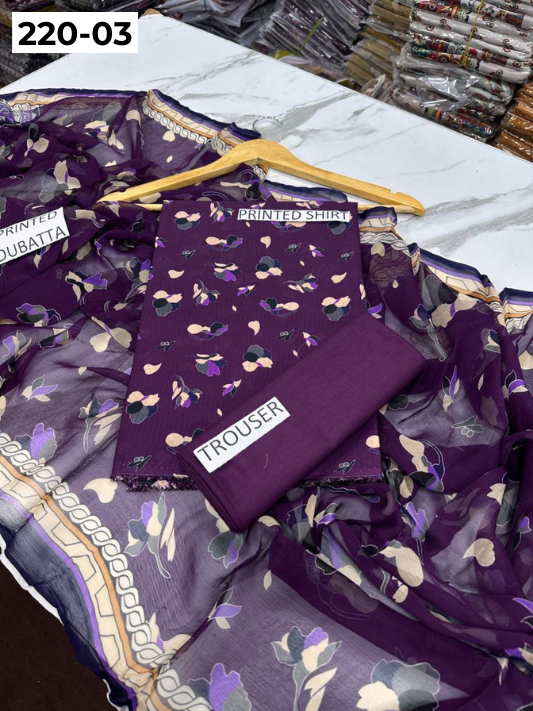 VOL 220 | DS 03 | BAROQUE LAWN 3PC | DIGITAL PRINTED BANADORA LAWN SHIRT PLAIN TROUSER BAMBER CHIFFON DUPATTA