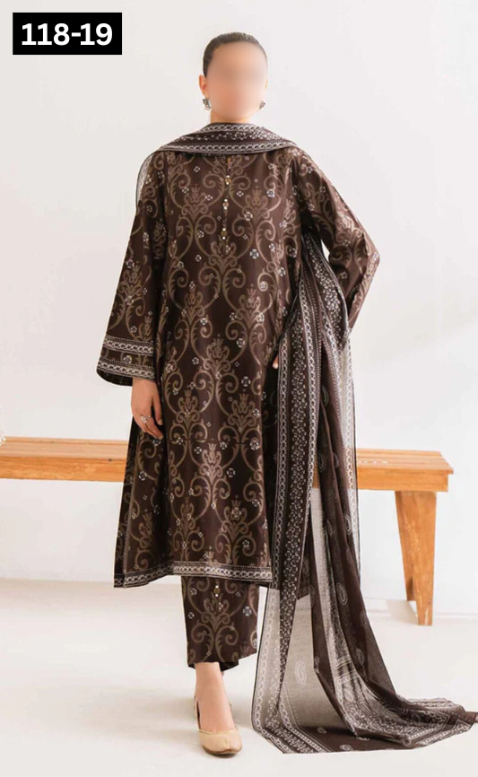 VOL 118 | DS 19 | DIGITAL PRINTED BANADORA LAWN 3PC VOIL LAWN DUPATTA