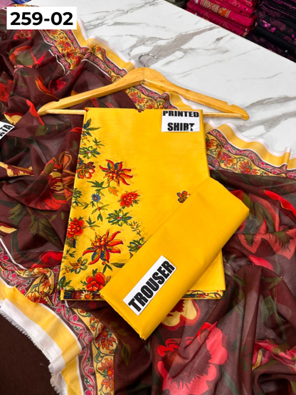 VOL 259 | DS 02 | SHANAYA | DIGITAL PRINTED 3PC LAWN SHIRT, DYED TROUSER, PRINTED VOIL DUPATTA