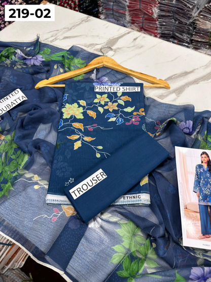 VOL 219 | DS 02 | ETHNC LAWN 3PC | DIGITAL PRINTED BANADORA LAWN SHIRT PLAIN TROUSER BAMBER CHIFFON DUPATTA