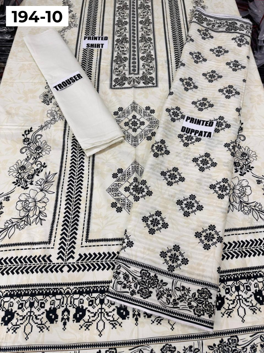VOL 194 | DS 10 | Digital Printed Cotton Three Piece Doria Lawn Dupatta Plain Trouser