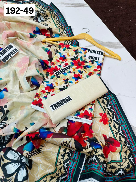 VOL 192 | DS 49 | DIGITAL PRINTED KHADDAR 3PC DYED TROUSER