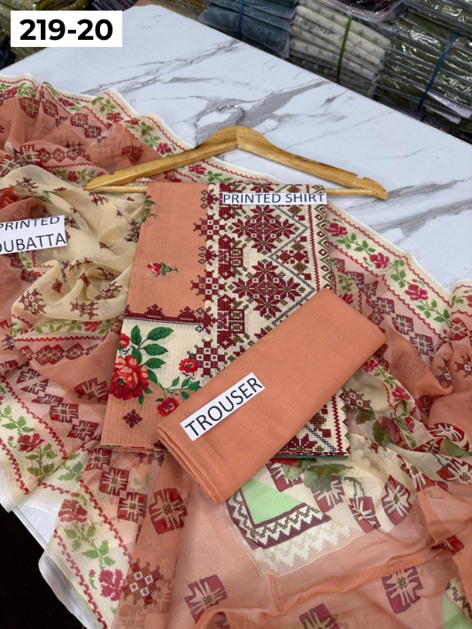 VOL 219 | DS 20 | ETHNC LAWN 3PC | DIGITAL PRINTED BANADORA LAWN SHIRT PLAIN TROUSER BAMBER CHIFFON DUPATTA