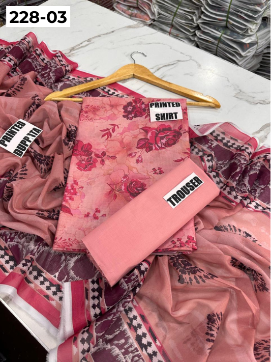 VOL 228 | DS 03 | DIGITAL PRINTED LAWN 3PC PRINTED LAWN SHIRT PLAIN TROUSER PRINTED VOIL DUPATTA