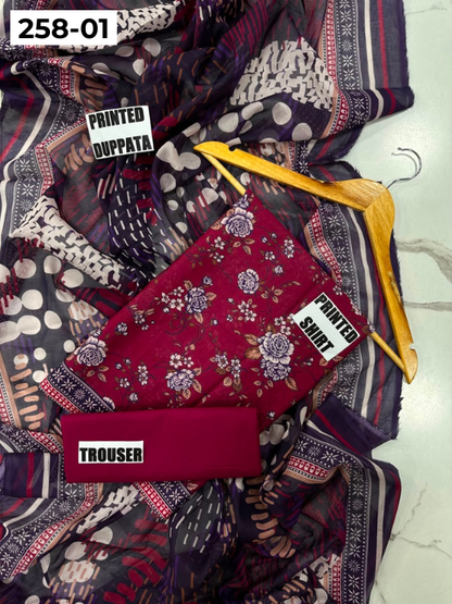 VOL 258 | DS 01 | GulBANO | DIGITAL PRINTED 3PC LAWN SHIRT, DYED TROUSER, PRINTED VOIL DUPATTA