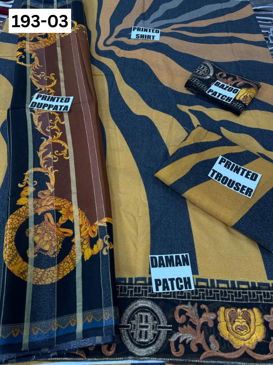 VOL 193 | DS 03 | DIGITAL PRINTED KARANDI 3PC | EMBROIDERED PATCHES | FANCY KARANDI DUPATTA
