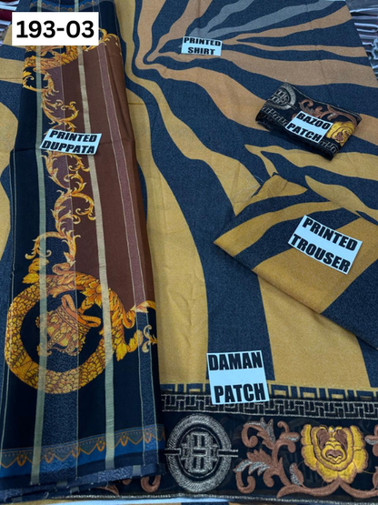 VOL 193 | DS 03 | DIGITAL PRINTED KARANDI 3PC | EMBROIDERED PATCHES | FANCY KARANDI DUPATTA