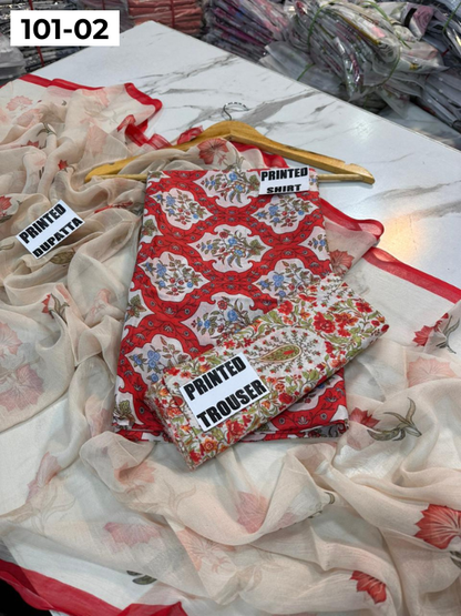 VOL 101 | DS 02 | DIGITAL PRINTED LAWN 3PC BAMBER CHIFFON DUPATTA