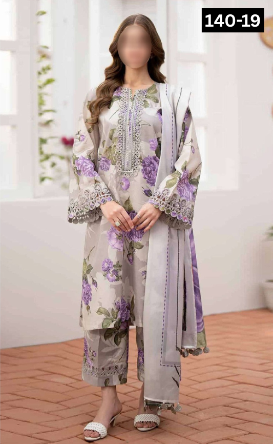 VOL 140 | DS 19 | DIGITAL PRINTED BANADORA LAWN 3PC | VOIL LAWN DUPATTA | EMBROIDERED ORAGANZA PATCHES