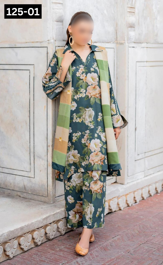 VOL 125 | DS 01 | DIGITAL PRINTED BANADORA LAWN 3PC VOIL LAWN DUPATTA