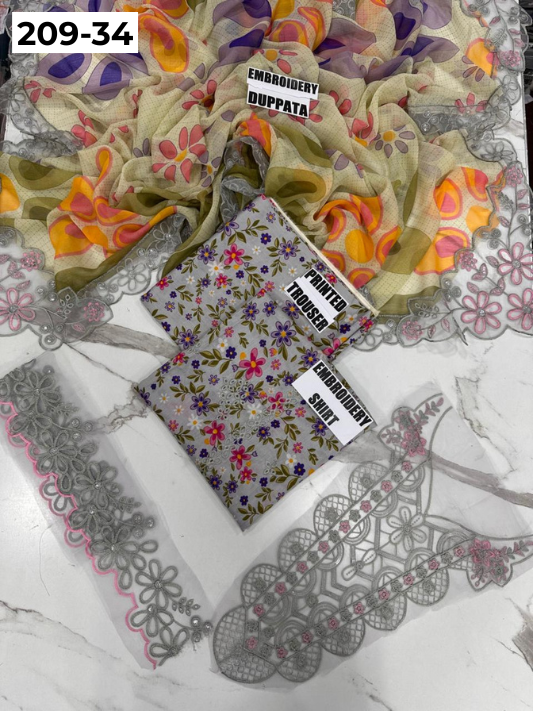 VOL 209 | DS 34 | LAWN 3PC PRINTED LAWN SHIRT ALONG WITH EMBROIDERED PATCHES PRINTED TROUSER EMBROIDERED DUPATTA