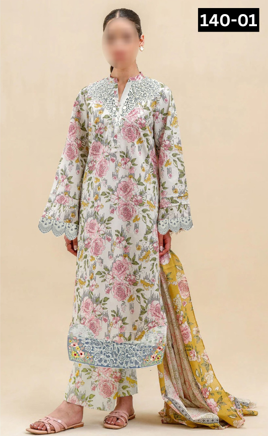 VOL 140 | DS 01 | DIGITAL PRINTED BANADORA LAWN 3PC | VOIL LAWN DUPATTA | EMBROIDERED ORAGANZA PATCHES