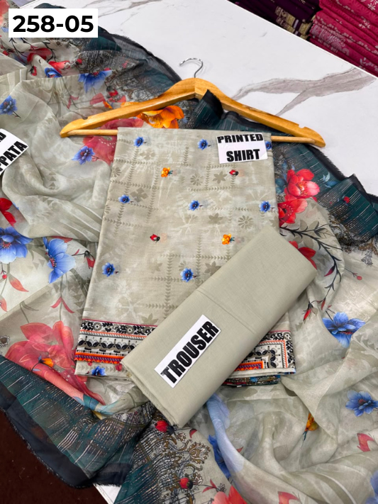 VOL 258 | DS 05 | GulBANO | DIGITAL PRINTED 3PC LAWN SHIRT, DYED TROUSER, PRINTED VOIL DUPATTA
