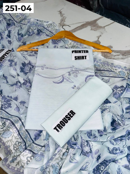 VOL 251 | DS 04 | Khaas | DIGITAL PRINTED 3PC LAWN SHIRT, DYED TROUSER, PRINTED VOIL DUPATTA