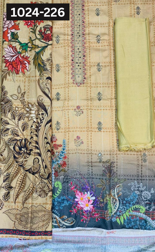 VOL 1024 | DS 226 | EMBROIDERED PLUS DIGITAL PRINTED KARANDI 3PC KARANDI SHAWL