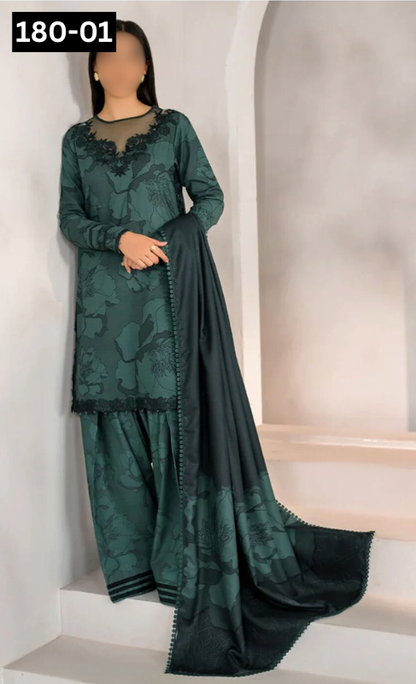 VOL 180 | DS 01 | DIGITAL PRINTED KHADDAR 3PC | EMBROIDERED PATCHES | KHADDAR DUPATTA