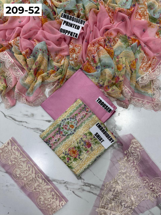 VOL 209 | DS 52 | LAWN 3PC PRINTED LAWN SHIRT ALONG WITH EMBROIDERED PATCHES PRINTED TROUSER EMBROIDERED DUPATTA