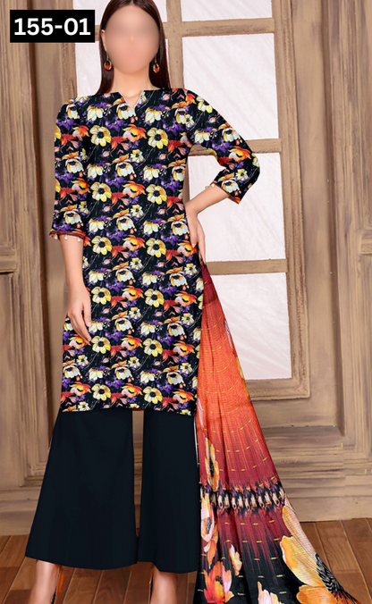 VOL 155 | DS 01 | DIGITAL PRINTED BANADORA LINEN 3PC LINEN DUPATTA