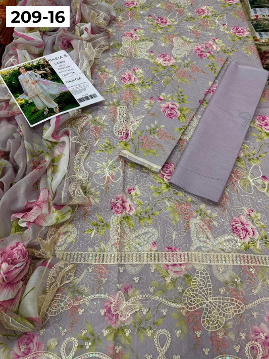 VOL 209 | DS 16 | LAWN 3PC PRINTED LAWN SHIRT ALONG WITH EMBROIDERED PATCHES PRINTED TROUSER EMBROIDERED DUPATTA