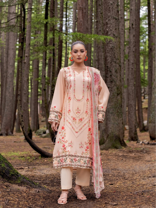 VOL 256 | DS 01 | Jugnu By Shanaya | DIGITAL PRINTED LAWN THREE PIECES ALONG WITH EMBROIDERED PATCHES