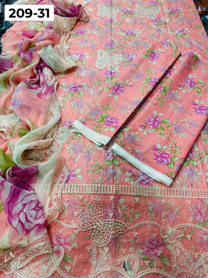 VOL 209 | DS 31 | LAWN 3PC PRINTED LAWN SHIRT ALONG WITH EMBROIDERED PATCHES PRINTED TROUSER EMBROIDERED DUPATTA