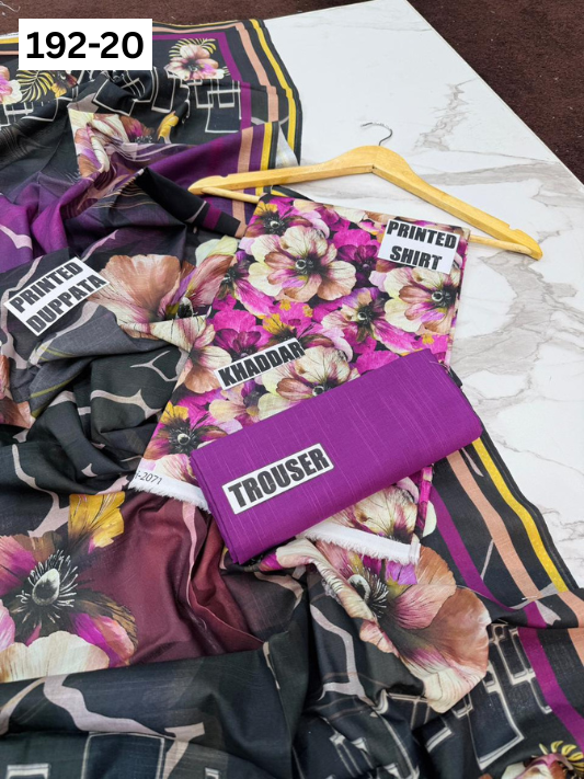 VOL 192 | DS 20 | DIGITAL PRINTED KHADDAR 3PC DYED TROUSER