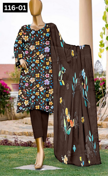 VOL 116 | DS 01 | DIGITAL PRINTED LAWN 3PC DYED TROUSER VOIL LAWN DUPATTA