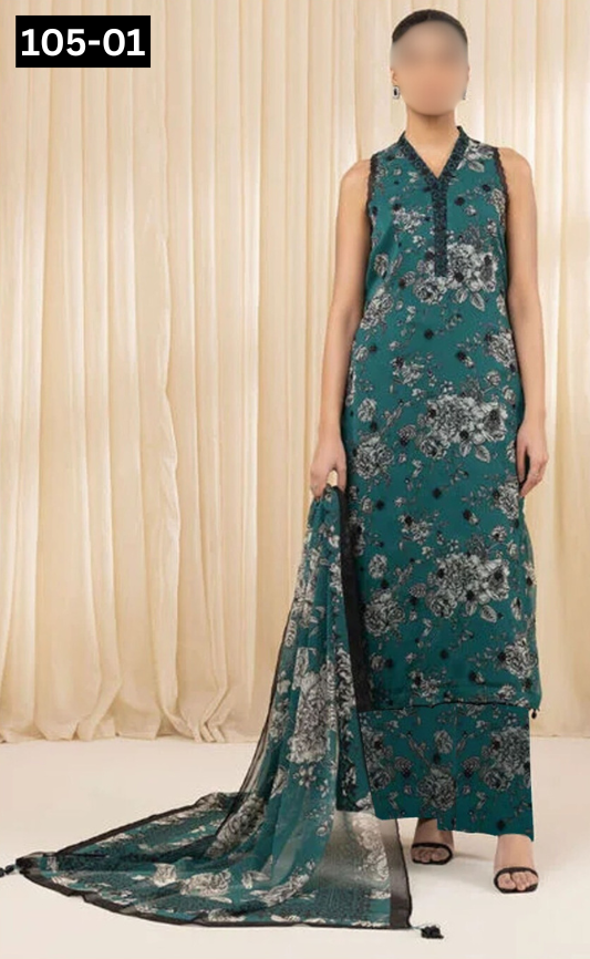 VOL 105 | DS 01 | DIGITAL PRINTED LAWN 3PC VOIL LAWN DUPATTA