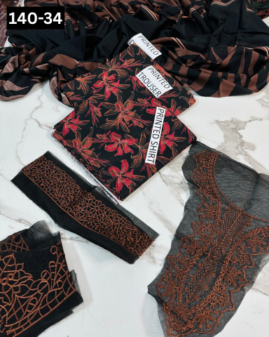 VOL 140 | DS 34 | DIGITAL PRINTED BANADORA LAWN 3PC | VOIL LAWN DUPATTA | EMBROIDERED ORAGANZA PATCHES