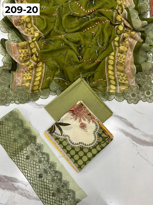 VOL 209 | DS 20 | LAWN 3PC PRINTED LAWN SHIRT ALONG WITH EMBROIDERED PATCHES PRINTED TROUSER EMBROIDERED DUPATTA