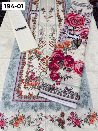 VOL 194 | DS 01 | Digital Printed Cotton Three Piece Doria Lawn Dupatta Plain Trouser