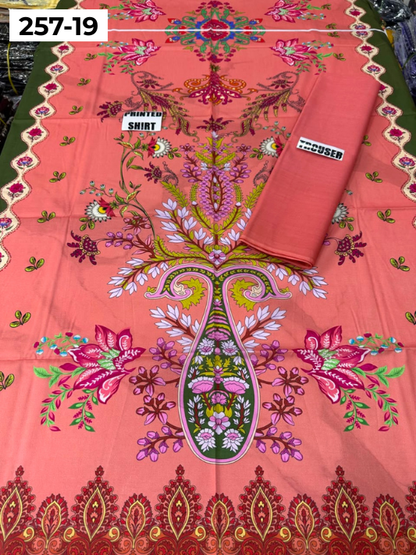 VOL 257 | DS 19 | PRINTED HIT CODES LAWN 2PC | DIGITAL PRINTED LAWN SHIRT, PLAIN COTTON TROUSER