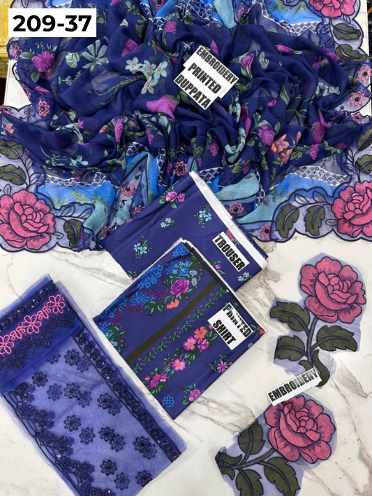 VOL 209 | DS 37 | LAWN 3PC PRINTED LAWN SHIRT ALONG WITH EMBROIDERED PATCHES PRINTED TROUSER EMBROIDERED DUPATTA
