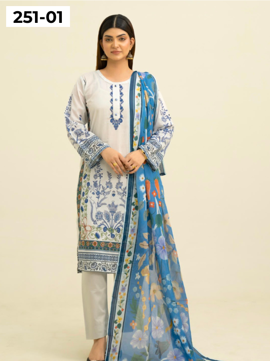 VOL 251 | DS 01 | Khaas | DIGITAL PRINTED 3PC LAWN SHIRT, DYED TROUSER, PRINTED VOIL DUPATTA