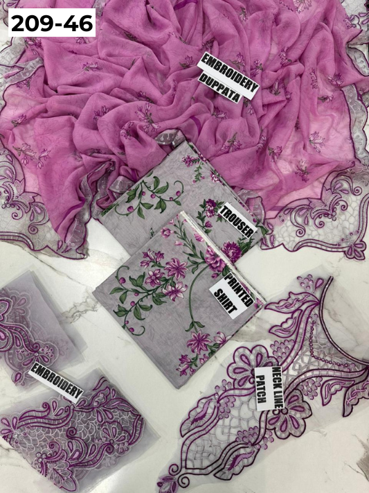 VOL 209 | DS 46 | LAWN 3PC PRINTED LAWN SHIRT ALONG WITH EMBROIDERED PATCHES PRINTED TROUSER EMBROIDERED DUPATTA