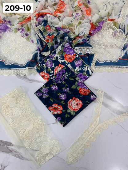 VOL 209 | DS 10 | LAWN 3PC PRINTED LAWN SHIRT ALONG WITH EMBROIDERED PATCHES PRINTED TROUSER EMBROIDERED DUPATTA