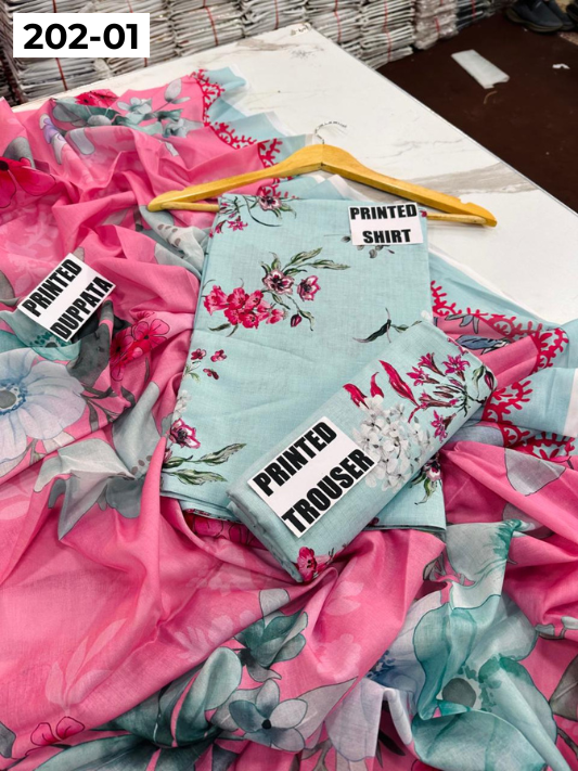 VOL 202 | DS 01 | DIGITAL PRINTED BANADORA LAWN 3PC VOIL LAWN DUPATTA