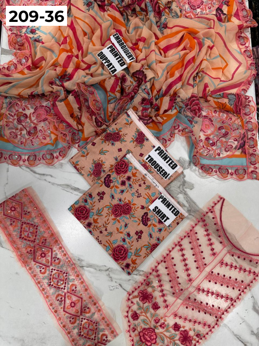 VOL 209 | DS 36 | LAWN 3PC PRINTED LAWN SHIRT ALONG WITH EMBROIDERED PATCHES PRINTED TROUSER EMBROIDERED DUPATTA