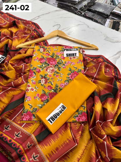 VOL 241 | DS 02 | Mirha LAWN |  DIGITAL PRINTED LAWN 3PC PRINTED LAWN SHIRT PLAIN TROUSER PRINTED LAWN DUPATTA