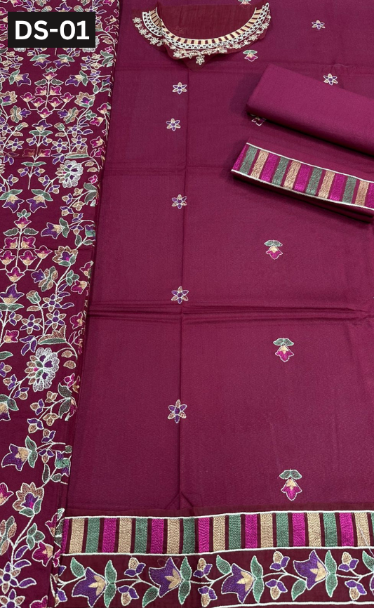 BAREEZE KARANDI | DS 01 | KARANDI EMBROIDERED 3PC WITH EMBROIDERED SHAWL