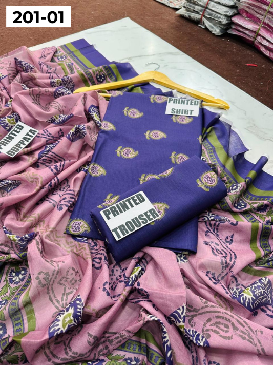 VOL 201 | DS 01 | DIGITAL PRINTED BANADORA LAWN 3PC VOIL LAWN DUPATTA