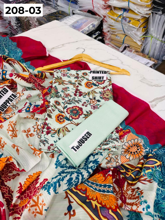 VOL 208 | DS 03 | DIGITAL PRINTED BANADORA LAWN SHIRT PLAIN TROUSER BANA DORA LAWN DUPATTA