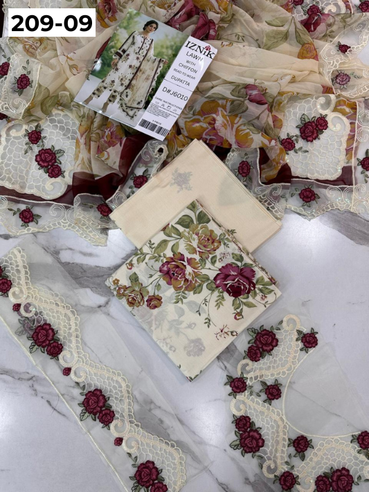 VOL 209 | DS 09 | LAWN 3PC PRINTED LAWN SHIRT ALONG WITH EMBROIDERED PATCHES PRINTED TROUSER EMBROIDERED DUPATTA