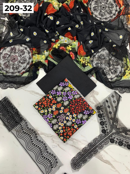 VOL 209 | DS 32 | LAWN 3PC PRINTED LAWN SHIRT ALONG WITH EMBROIDERED PATCHES PRINTED TROUSER EMBROIDERED DUPATTA