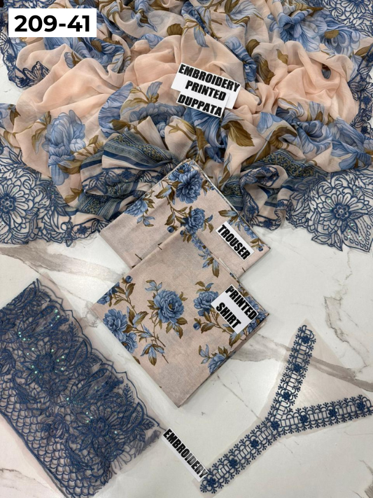 VOL 209 | DS 41 | LAWN 3PC PRINTED LAWN SHIRT ALONG WITH EMBROIDERED PATCHES PRINTED TROUSER EMBROIDERED DUPATTA