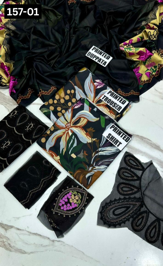 VOL 157 | DS 01 | DIGITAL PRINTED LINEN 3PC | LINEN DUPATTA | EMBROIDERED ORAGANZA PATCHES